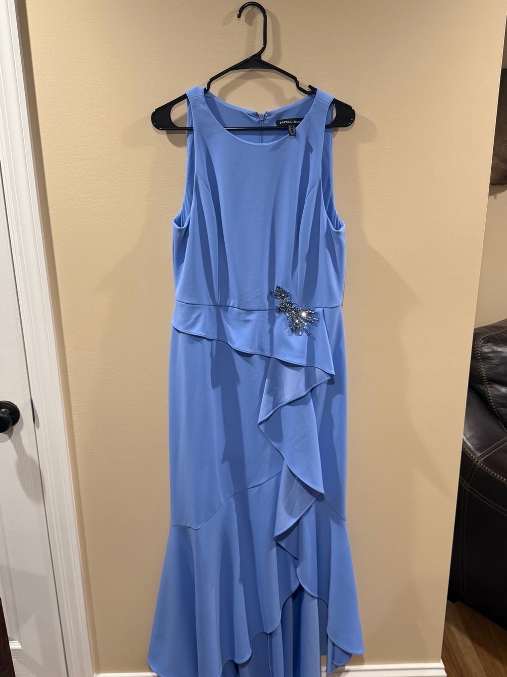 Adrianna Papell/Papell Studio Cascading-Ruffle Crepe Gown, Sky Blue